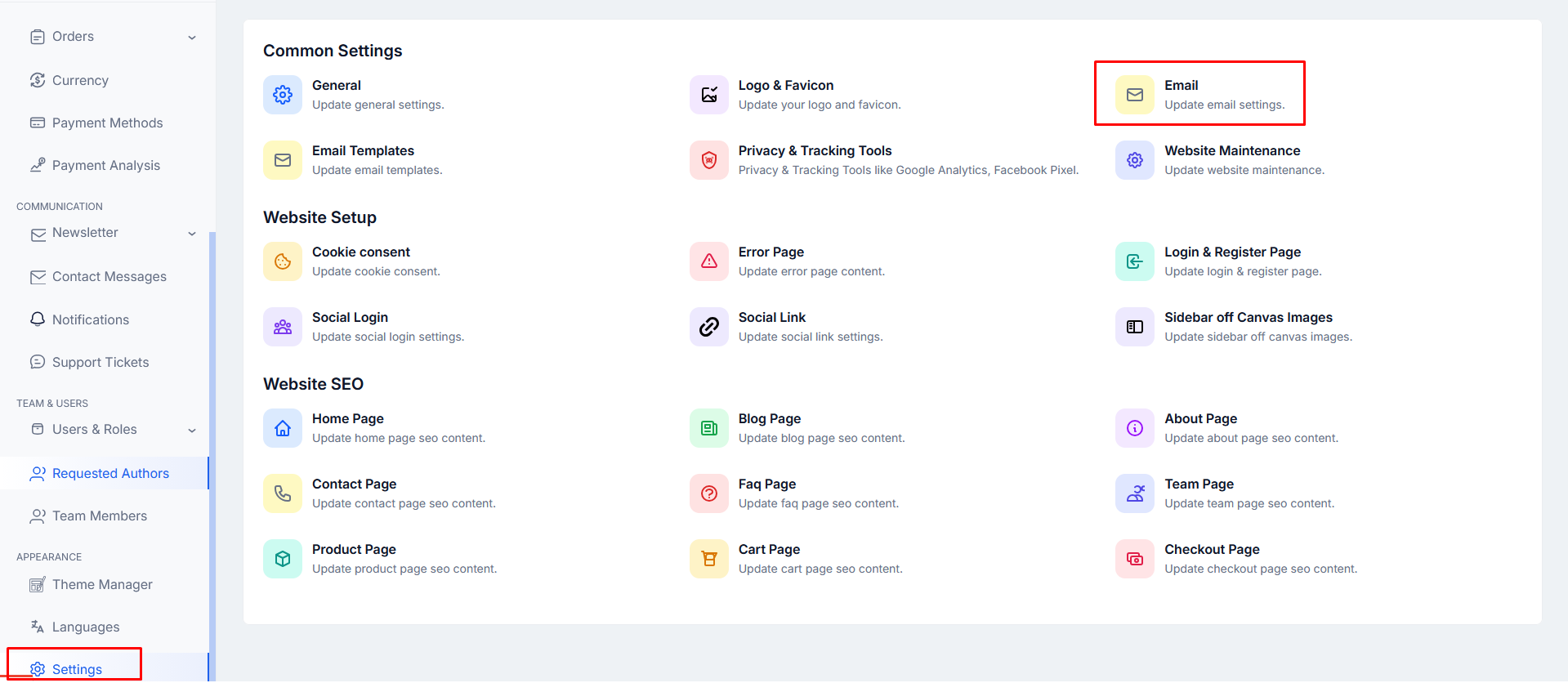 Email settings overview page