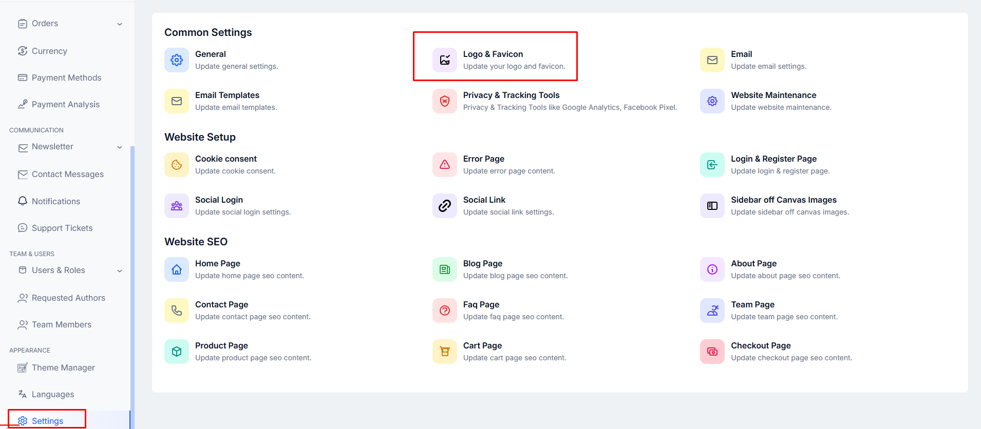 Logo and Favicon settings page